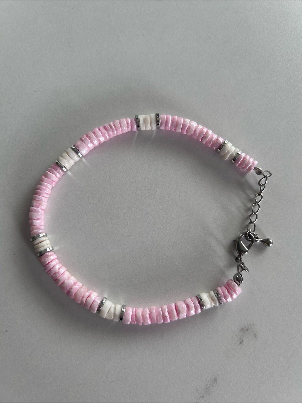 Vintage coastal pink and white beaded shell bracelet or anklet
